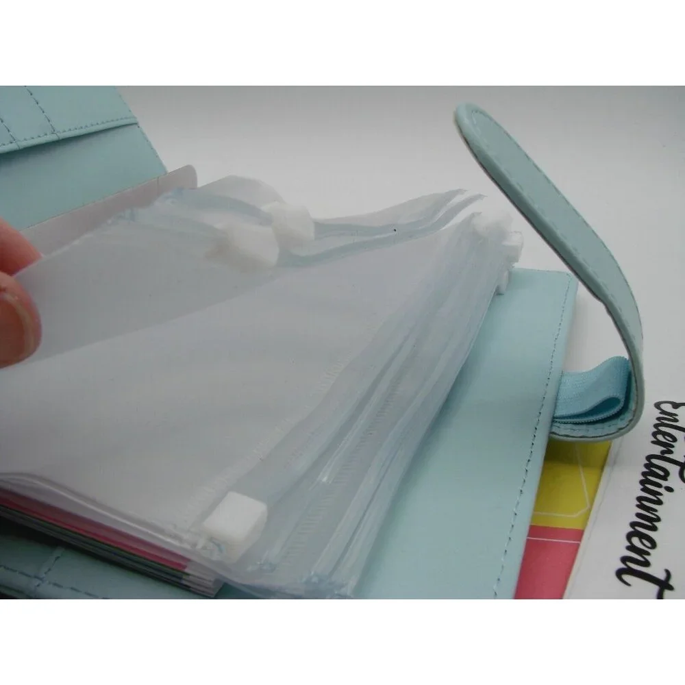 NEW Blue Leather 6 Ring Planner Organizer Zipper Envelope Budget Tab Stickers